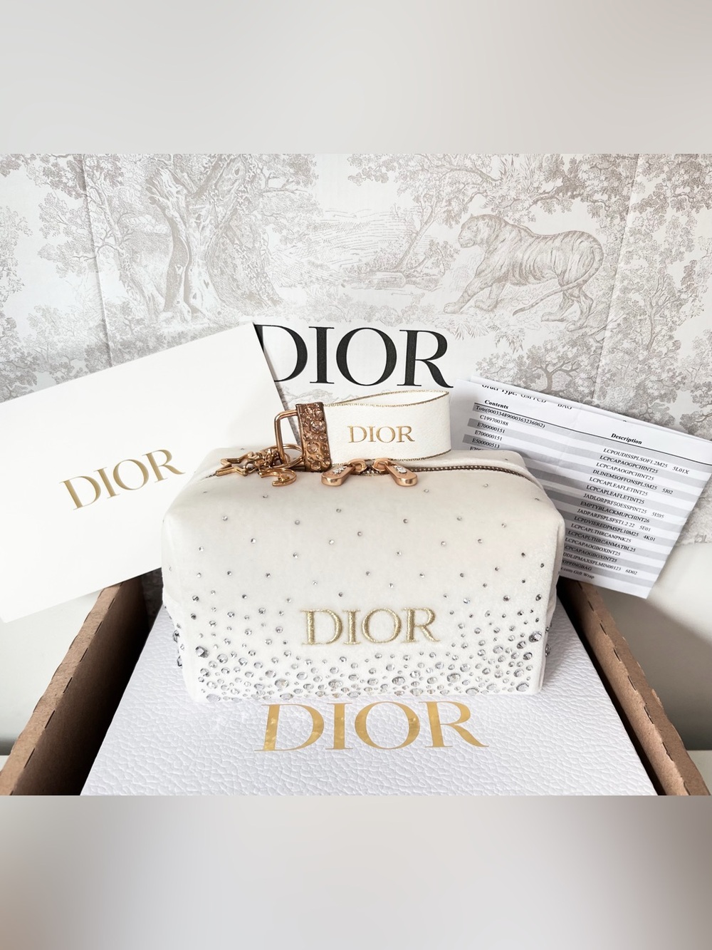 DIOR Beauty White Velvet Velour Cosmetic Bag Pouch Gift Box w/Rhinestone Crystal